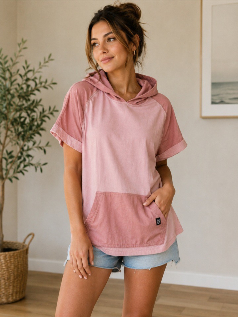Short Sleeve Pink Hooded Tunic Top